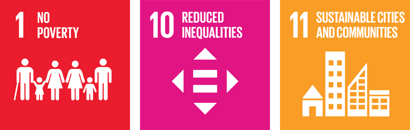 Icons representing the United Nations Sustainable Development Goals 1, 10, and 11